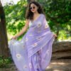 Lavender Mul Cotton Saree with White Daisy Floral Prints