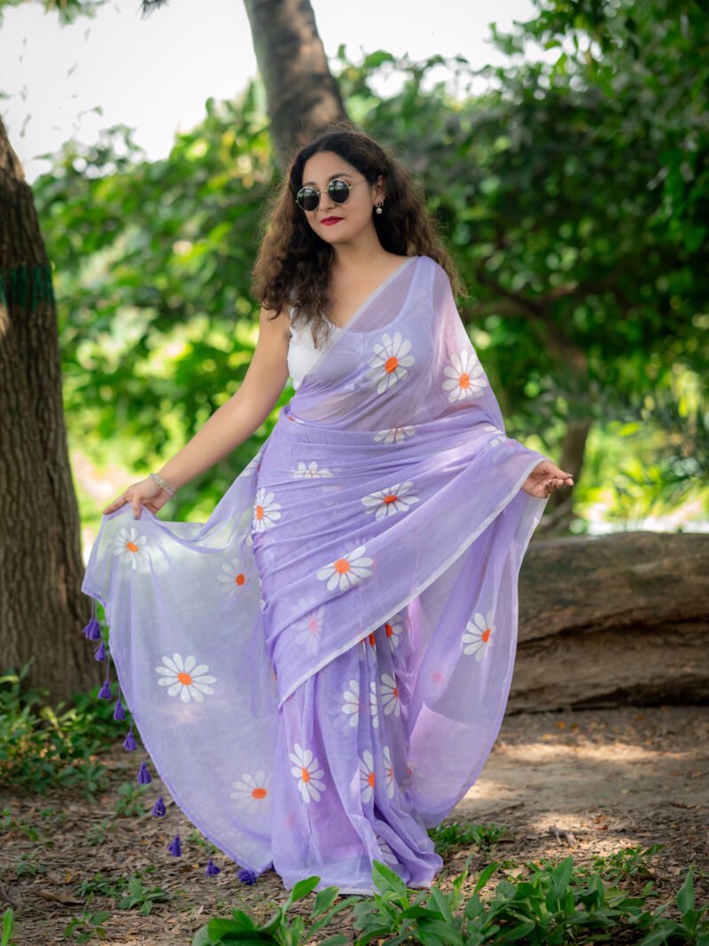 Lavender Mul Cotton Saree with White Daisy Floral Prints