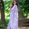 Lavender Mul Cotton Saree with White Daisy Floral Prints