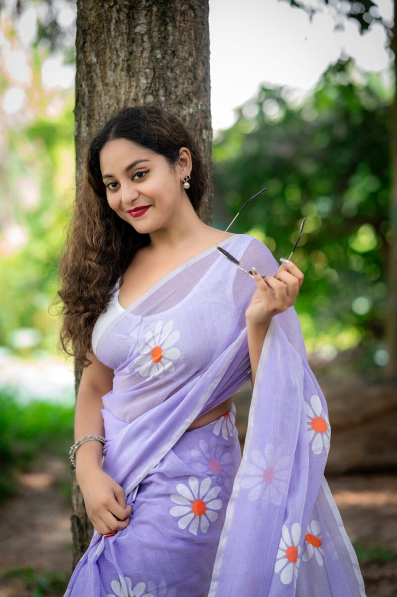 Lavender Mul Cotton Saree with White Daisy Floral Prints
