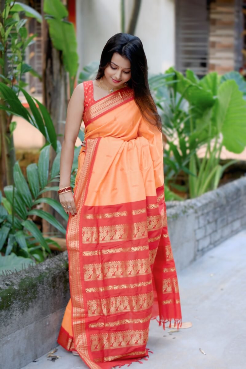 Orange South Cotton Gadwal Saree with Zari Border